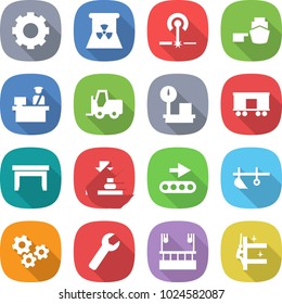 flat vector icon set - gear vector, nuclear power, laser, port, customs control, fork loader, warehouse scales, railroad shipping, table, press, conveyor, plow, gears, wrench, skysrcapers cleaning