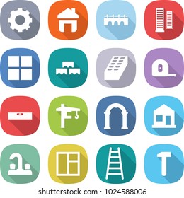 flat vector icon set - gear vector, home, bridge, skyscrapers, window, block wall, brick, measuring tape, level, tower crane, arch, water tap, ladder, hammer