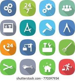 flat vector icon set - gear vector, 24 7, group, tools, draw compass, repair, drawing compasses, phone, loading, fork, pruner, blower, house cleaning, vacuum cleaner