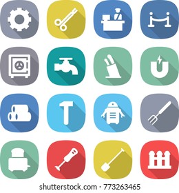 flat vector icon set - gear vector, surgical clamp, customs control, vip fence, safe, water tap, stands for knives, magnet, pipes, hammer, robot, big fork, toaster, blender, shovel, grain elevator