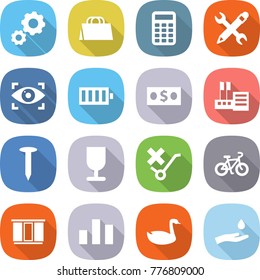 flat vector icon set - gear vector, shopping bag, calculator, pencil wrench, eye identity, battery, money, store, nail, fragile, do not trolley sign, bike, wardrobe, chart, goose, hand and drop