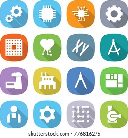 flat vector icon set - gear vector, chip, cpu, cardio, chromosomes, draw compass, factory, drawing compasses, consolidated cargo, workman, circuit, water pump
