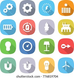 flat vector icon set - gear vector, lightning, sun power, battery, charge, spark plug, factory, bulb, barometer, floor lamp, electron, magnet, electric, windmill