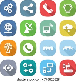 flat vector icon set - gear vector, share, phone, hex molecule, globe connect, satellite antenna, notebook wireless, cloud service, bridge, charge particle, data transfer, router
