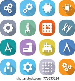 flat vector icon set - gear vector, chip, dna modify, cpu, chromosomes, draw compass, factory, drawing compasses, workman, circuit, gears