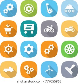 flat vector icon set - gear vector, around, gyroscooter, lunar rover, add to cart, delivery, bike, motorcycle, handwheel, gears, wheel, pickup, windmill, scraper