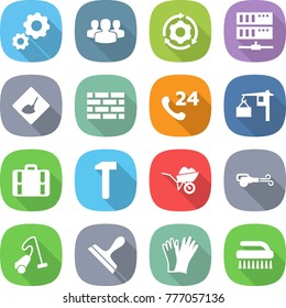 flat vector icon set - gear vector, group, around, server, under construction, brick wall, phone 24, loading, suitcase, hammer, wheelbarrow, blower, vacuum cleaner, scraper, gloves, brush