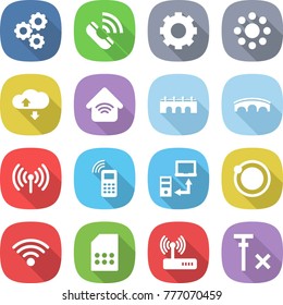 flat vector icon set - gear vector, call, round around, cloud service, wireless home, bridge, mobile phone, data transfer, orbit, sim card, router, no signal