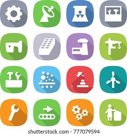 flat vector icon set - gear vector, satellite antenna, nuclear power, tools, slum, brick, factory, tower crane, repair, filter, press, windmill, wrench, conveyor, gears, garbage bin