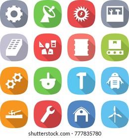 flat vector icon set - gear vector, satellite antenna, sun power, tools, brick, architector, barrel, transporter tape, gears, ladle, hammer, robot, soil cutter, wrench, barn, windmill