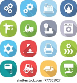 flat vector icon set - gear vector, cashbox, tomography, tower crane, fork loader, warehouse scales, washing machine, press, printer, conveyor, mixer, tractor, trash truck, hand dryer