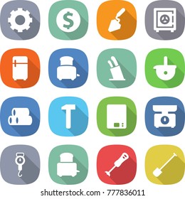 flat vector icon set - gear vector, dollar coin, construction, safe, fridge, toaster, stands for knives, ladle, pipes, hammer, kitchen scales, handle, blender, shovel