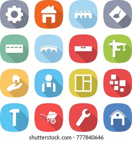 flat vector icon set - gear vector, home, bridge, under construction, bunker, level, tower crane, real estate, workman, window, blocks, hammer, wheelbarrow, wrench, barn