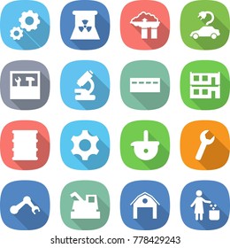 flat vector icon set - gear vector, nuclear power, factory filter, electric car, tools, microscope, bunker, modular house, barrel, ladle, wrench, robot hand, harvester, barn, garbage bin