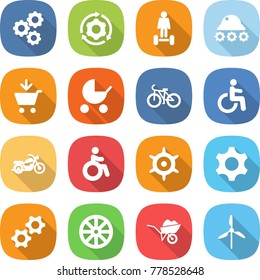 flat vector icon set - gear vector, around, hoverboard, lunar rover, add to cart, baby stroller, bike, disability, motorcycle, invalid, handwheel, gears, wheel, wheelbarrow, windmill
