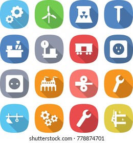 flat vector icon set - gear vector, windmill, nuclear power, nail, customs control, warehouse scales, railroad shipping, socket, factory, metal rolling, wrench, plow, gears, skyscrapers cleaning