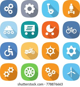 flat vector icon set - gear vector, gyroscooter, hoverboard, lunar rover, delivery, baby stroller, bike, disability, motorcycle, handwheel, gears, wheel, windmill