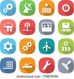flat vector icon set - gear vector, satellite antenna, sun power, factory filter, laser, tools, transporter tape, gears, windmill, conveyor, solar panel, soil cutter, wrench, scraper