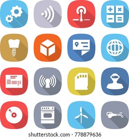 flat vector icon set - gear vector, wireless, laser, calculator, tooth implant, 3d, location details, globe, invoice, antenna, sd card, vr helmet, cd, oven, windmill, blower