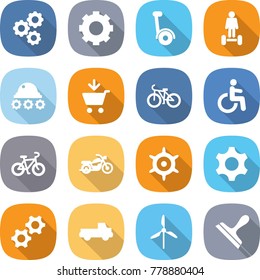 flat vector icon set - gear vector, gyroscooter, hoverboard, lunar rover, add to cart, bike, disability, motorcycle, handwheel, gears, pickup, windmill, scraper