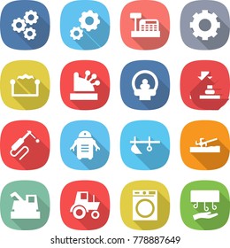 Flat Vector Icon Set - Gear Vector, Cashbox, Electrostatic, Tomography, Press, Welding, Robot, Plow, Soil Cutter, Harvester, Tractor, Washing Machine, Hand Dryer