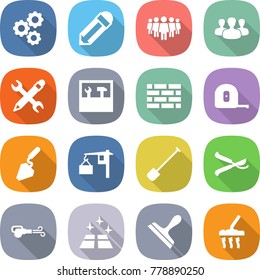 flat vector icon set - gear vector, pencil, team, group, wrench, tools, brick wall, measuring tape, construction, loading, shovel, pruner, blower, clean floor, scraper, vacuum cleaner