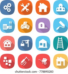 flat vector icon set - gear vector, pencil wrench, home, mansion, mall, modern architecture, measuring tape, repair, house, loading, ladder, blocks, welding, wheelbarrow