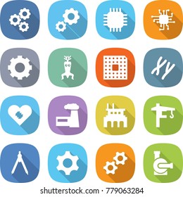 flat vector icon set - gear vector, chip, dna modify, cpu, chromosomes, pacemaker, factory, tower crane, drawing compasses, gears, water pump