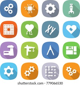 flat vector icon set - gear vector, chip, dna modify, cpu, cardio, chromosomes, pacemaker, factory, tower crane, drawing compasses, consolidated cargo, gears, circuit
