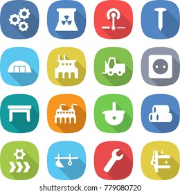 flat vector icon set - gear vector, nuclear power, laser, nail, hangare, factory, fork loader, socket, table, ladle, pipes, conveyor, plow, wrench, skyscrapers cleaning