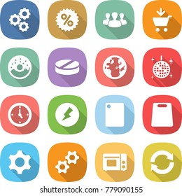flat vector icon set - gear vector, percent, group, add to cart, donut, pill, globe, disco ball, watch, electricity, cutting board, gears, grill oven, reload