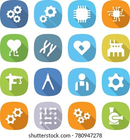 flat vector icon set - gear vector, chip, cardio, chromosomes, pacemaker, factory, tower crane, drawing compasses, workman, gears, circuit, water pump
