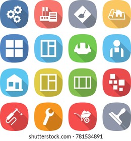 flat vector icon set - gear vector, store, under construction, project, window, building helmet, workman, home, blocks, welding, wrench, wheelbarrow, scraper