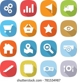 flat vector icon set - gear vector, graph, flag, truck, cart, remove from basket, star, eye, home, map, cargo search, surveillance camera, stairs, cpu, projector, fork spoon plate