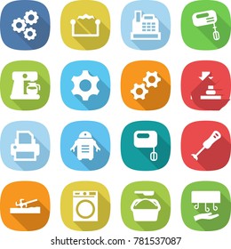 flat vector icon set - gear vector, electrostatic, cashbox, mixer, coffee maker, gears, press, printer, robot, blender, soil cutter, washing machine, powder, hand dryer