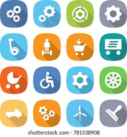 flat vector icon set - gear vector, around, gyroscooter, hoverboard, add to cart, delivery, baby stroller, disability, wheel, pickup, gears, windmill, scraper