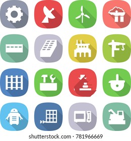 flat vector icon set - gear vector, satellite antenna, windmill, factory filter, bunker, brick, tower crane, pallet, repair tools, press, ladle, robot, solar panel, microwave oven, harvester