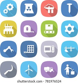 flat vector icon set - gear vector, nuclear power, factory filter, nail, measuring tape, transporter, robot hand, solar panel, microwave oven, plow, sickle, windmill, sweeper, garbage bin