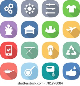 flat vector icon set - gear vector, round around, equalizer, t shirt, flower, garage, building helmet, plane, mobile checking, iron board, bulb, recycle, pan, mixer, hand drop