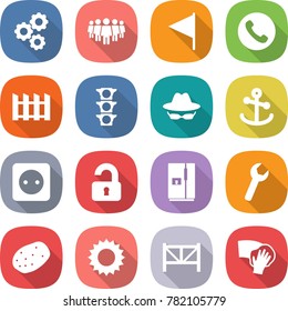 flat vector icon set - gear vector, team, flag, phone, fence, traffic light, confidential, anchor, power socket, unlocked, fridge, wrench, potato, sun, farm, wiping