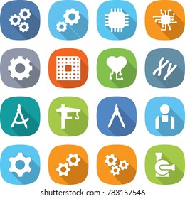 flat vector icon set - gear vector, chip, cpu, cardio, chromosomes, draw compass, tower crane, drawing compasses, workman, gears, water pump