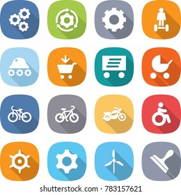 flat vector icon set - gear vector, around, hoverboard, lunar rover, add to cart, delivery, baby stroller, bike, motorcycle, invalid, handwheel, windmill, scraper