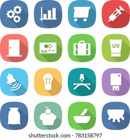 flat vector icon set - gear vector, graph, delivery, syringe, door, credit card, suitcase, uv cream, bell, bulb, drawing pen, usb flash, flour, cupcake, mortar, udder