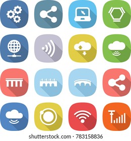 flat vector icon set - gear vector, share, notebook, hex molecule, globe connect, wireless, cloud service, bridge, orbit, antenna signal