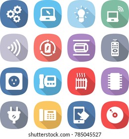 flat vector icon set - gear vector, notebook, bulb, wireless, battery charge, nano tube, remote control, power socket, intercome, radiator, chip, plug, office phone, touchscreen, cd