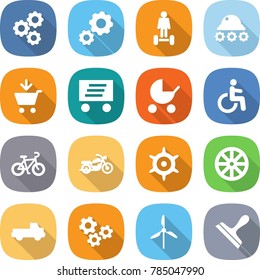 flat vector icon set - gear vector, hoverboard, lunar rover, add to cart, delivery, baby stroller, disability, bike, motorcycle, handwheel, wheel, pickup, gears, windmill, scraper