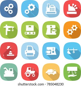 flat vector icon set - gear vector, cashbox, tower crane, transporter tape, coffee maker, gears, press, printer, plow, harvester, tractor, trash truck, hand dryer