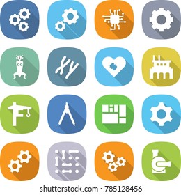 flat vector icon set - gear vector, chip, dna modify, chromosomes, pacemaker, factory, tower crane, drawing compasses, consolidated cargo, gears, circuit, water pump