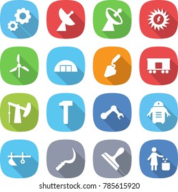 flat vector icon set - gear vector, satellite antenna, sun power, windmill, hangare, construction, railroad shipping, oil pump, hammer, robot hand, plow, sickle, scraper, garbage bin