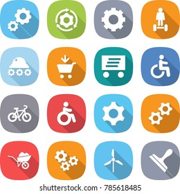 flat vector icon set - gear vector, around, hoverboard, lunar rover, add to cart, delivery, disability, bike, invalid, gears, wheelbarrow, windmill, scraper